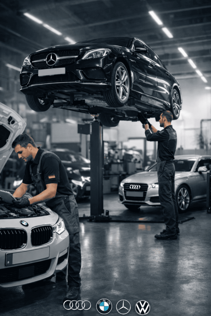 Mecánico en elevador revisando un mercedes