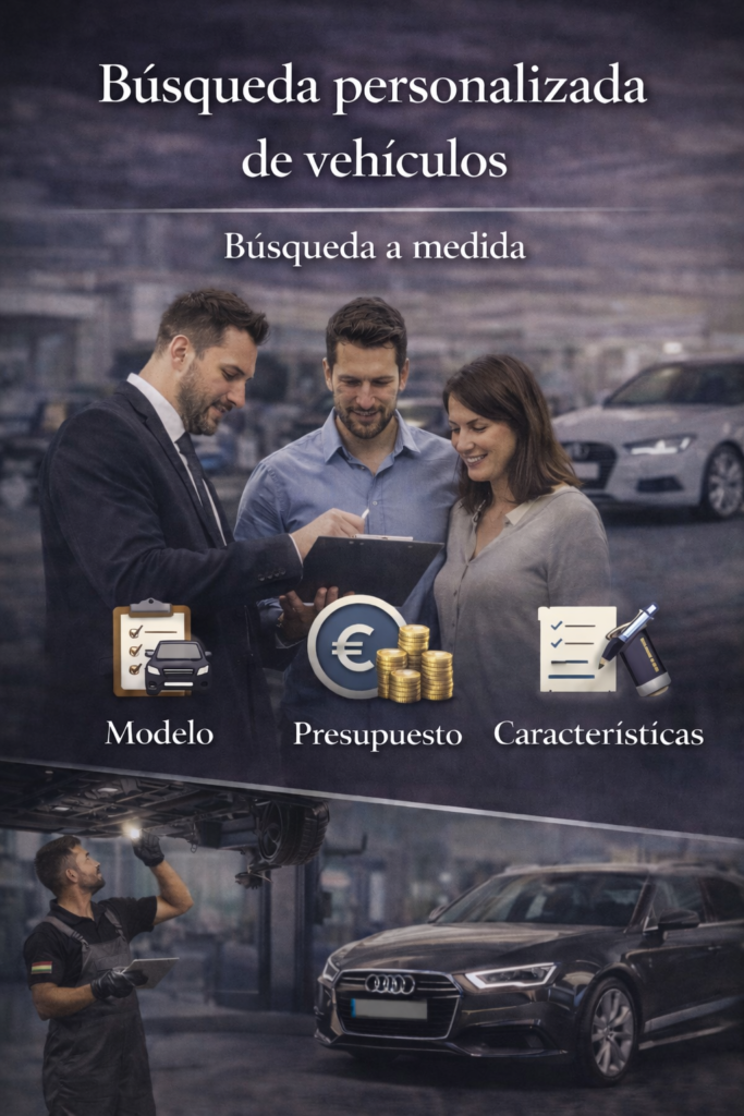 Vendedor enseñando modelo presupuesto y características a una pareja y en la parte inferior un mecánico revisando un vehículo