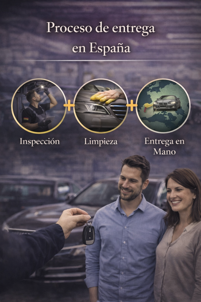 Operario entregando las llaves en mano a una pareja que ha comprado su coche alemán