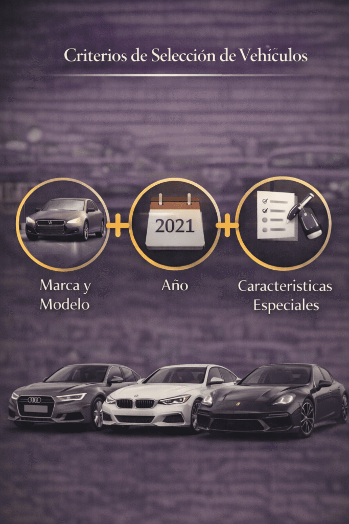 Criterios e selección marca y modelo, año, características especiales y en la parte baja salen tres modelos alemanes