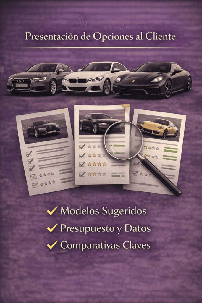 Presentación de opciones al cliente modelos presupuesto y comparativas tres anuncios y una lupa