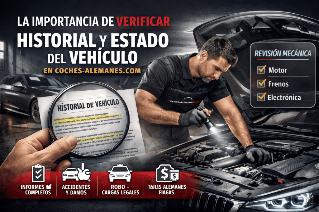 mecánico revisando un coche alemán una hoja donde se lee historial de vehículo