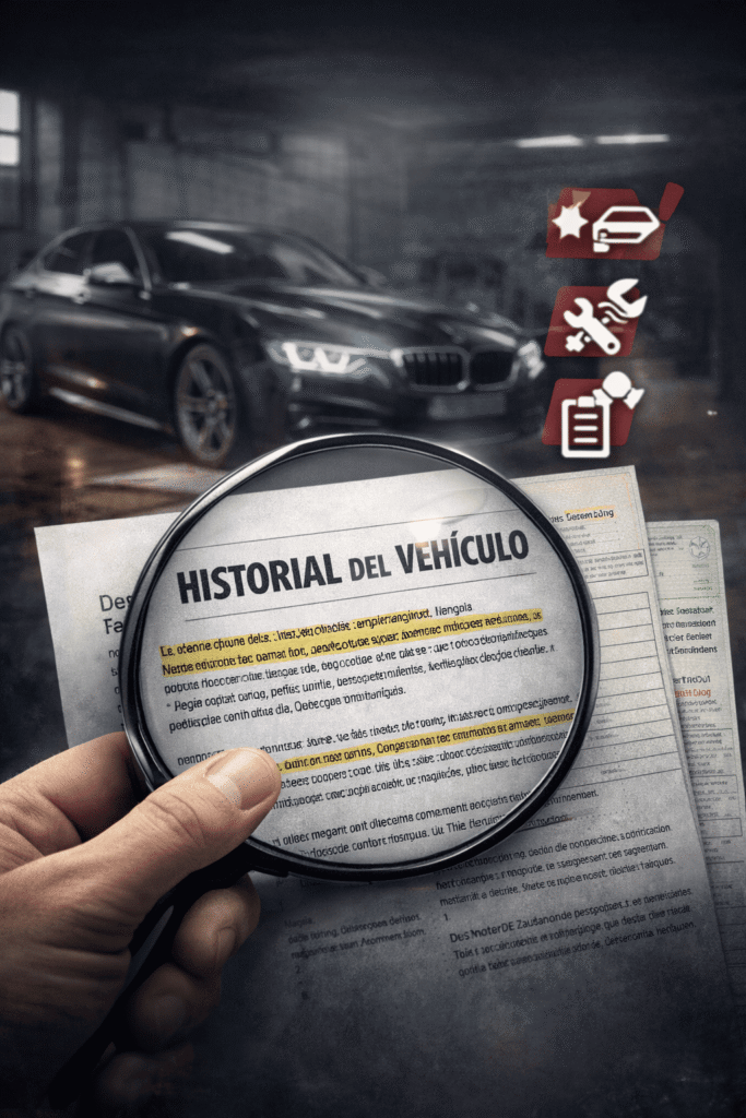 BMW de fondo hoja con una lupa historial del vehículo
