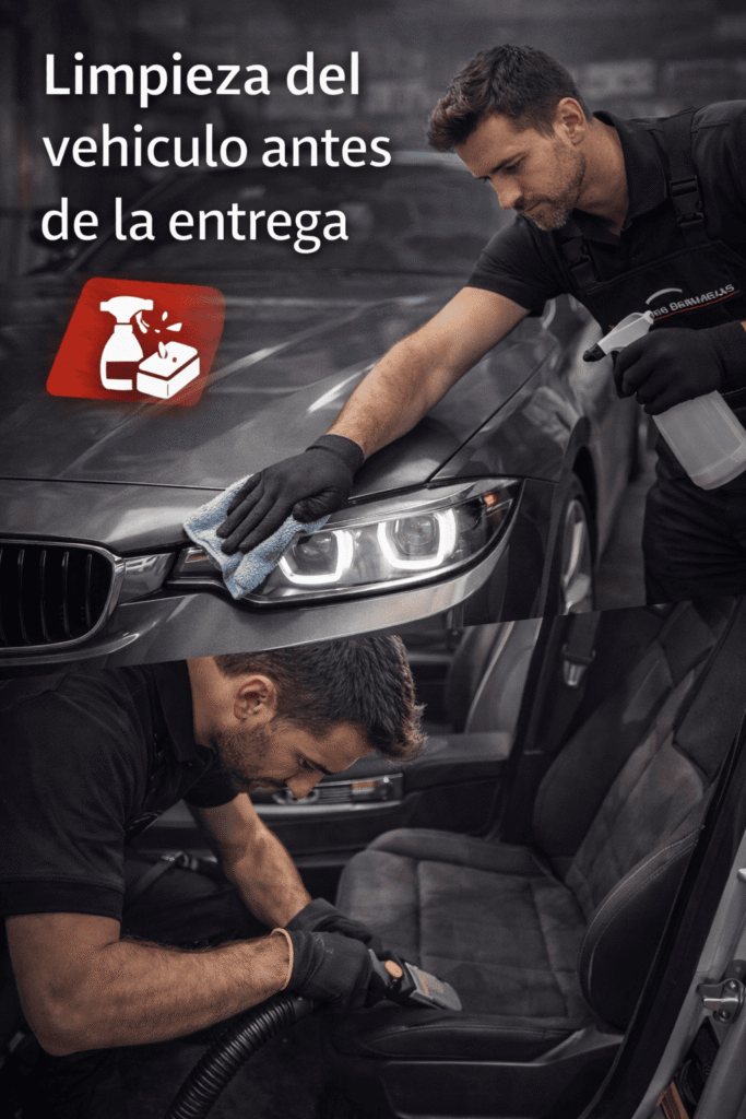Operarios de coches alemanes limpiando un vehículo