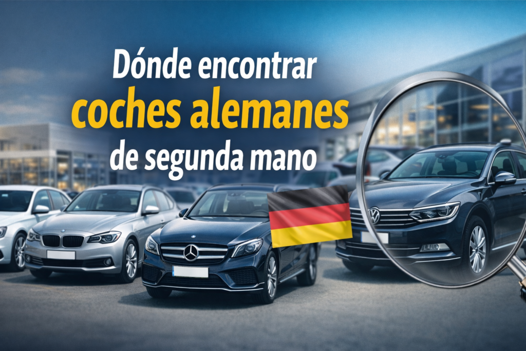 Un concesionario de fondo con coches alemanes una lupa y una bandera de Alemania