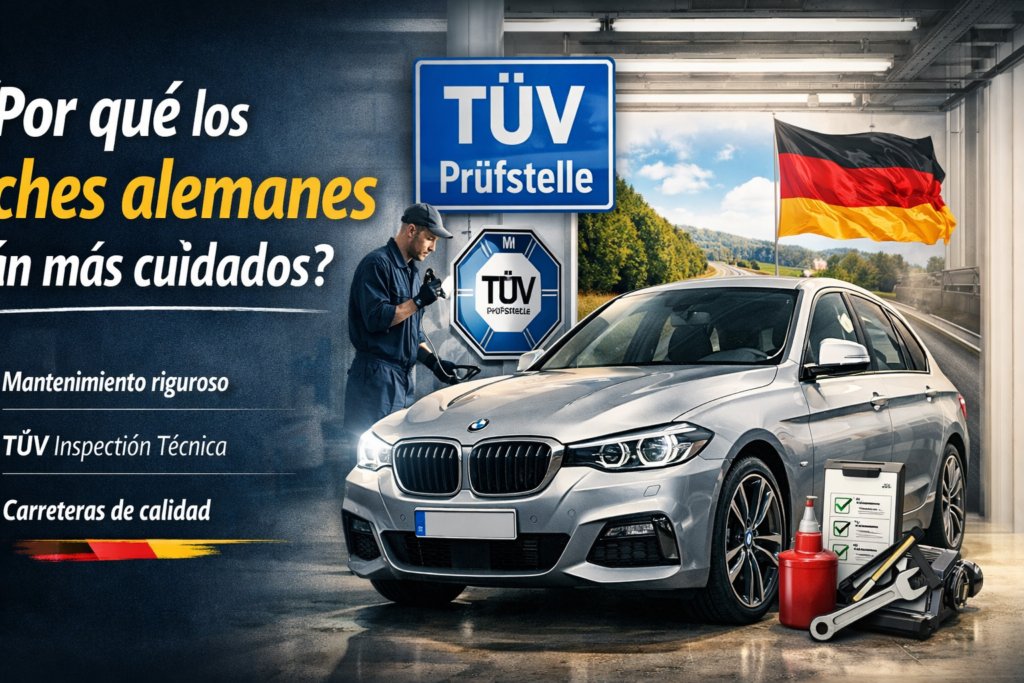 Un coche alemán con un mecánico y herramientas que interpreta el buen cuidado que tienen los coches alemanes