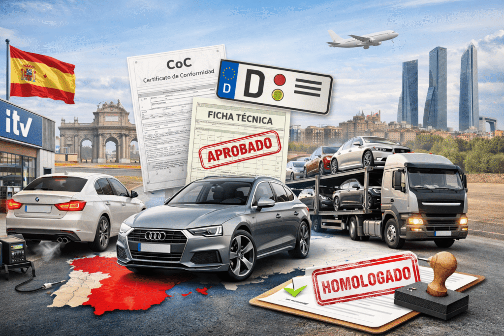 ITV España coches alemanes documento COC matricula alemana, sello de homologación y un camión transportando coches alemanes