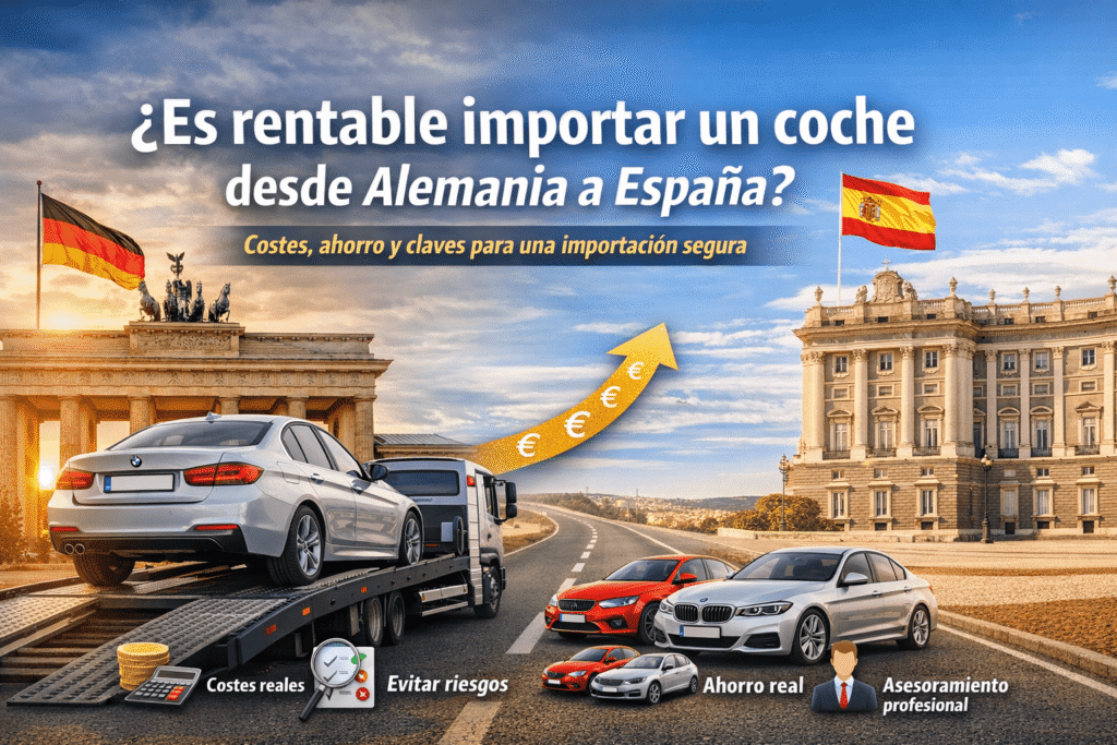 Bandera de Alemania BMW en una grúa costes reales evitar riesgos ahorro real asesoramiento profesional bandera de España y una carretera