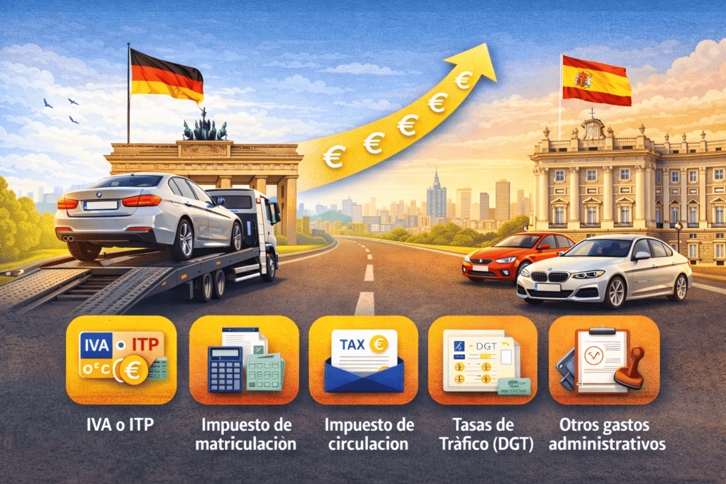 Coche alemán en grúa Alemania España IVA o ITP impuesto de matriculación impuesto de circulación tasas de trafico y otros gastos administrativos