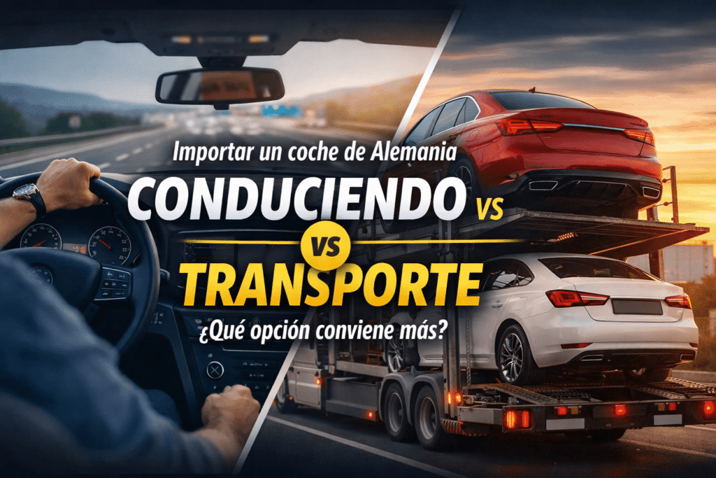 Operario conduciendo coche por carretera y la imagen de un camión transportando vehículos