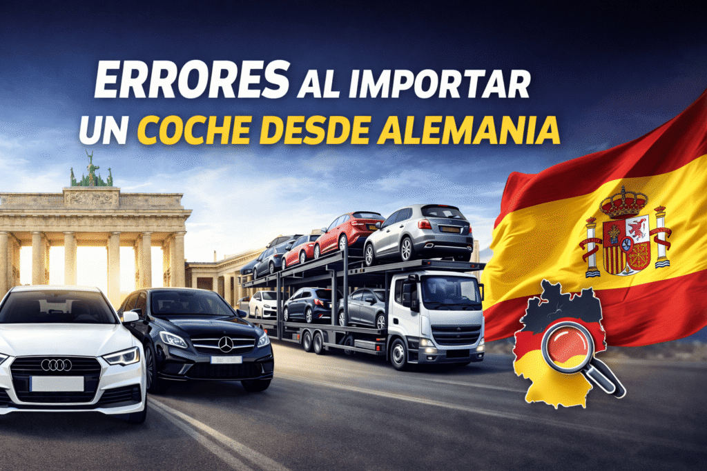 Coches alemanes la bandera de Alemania con una lupa encima la bandera de España y un camión porta coches
