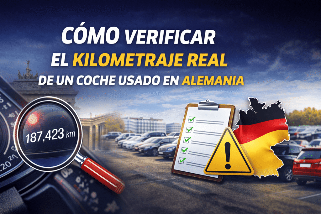 Una lupa apuntando a los kilómetros en un cuadro de instrumentos de un coche una libreta con checks una señal de exclamación y una bandera de Alemania