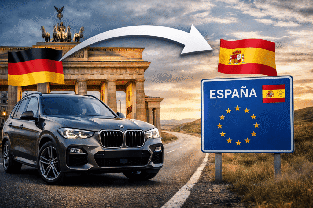 Coche Alemán importado a España bandera de Alemania y la bandera de España