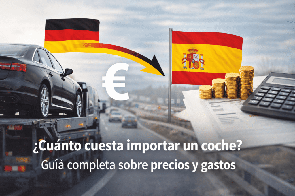 Coche alemán en grúa bandera alemana y de España una calculadora con dinero